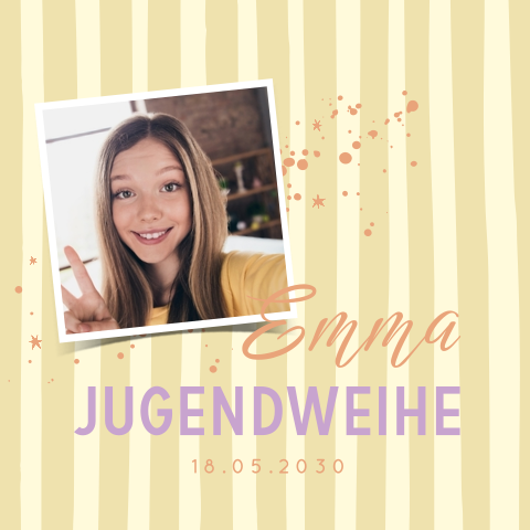 Jugendweihe-Einladung mit gelben Streifen und Foto