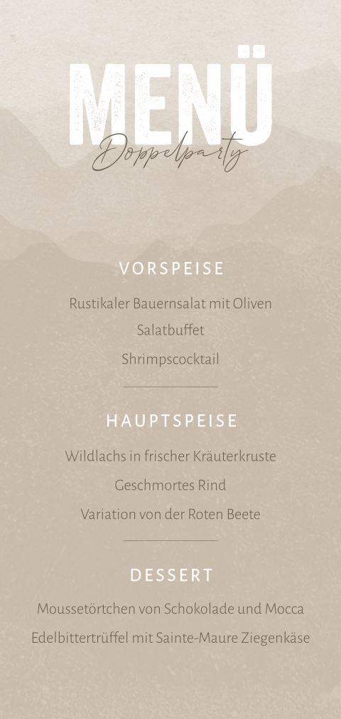 Menükarte zum Geburtstag und Hochzeitstag in Beige