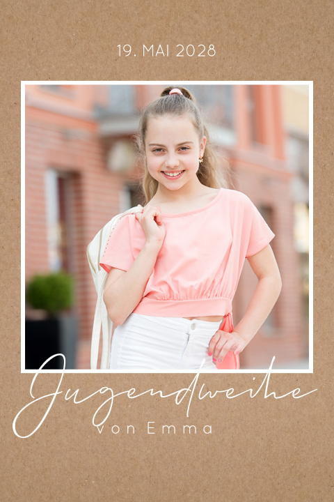 Schlichte Einladung zur Jugendweihe im Kraftlook mit drei Fotos