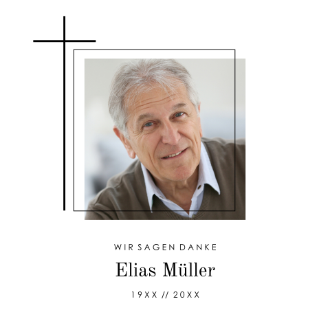 Schlichte Danksagung Trauerkarte mit Foto und Kreuz in Schwarz