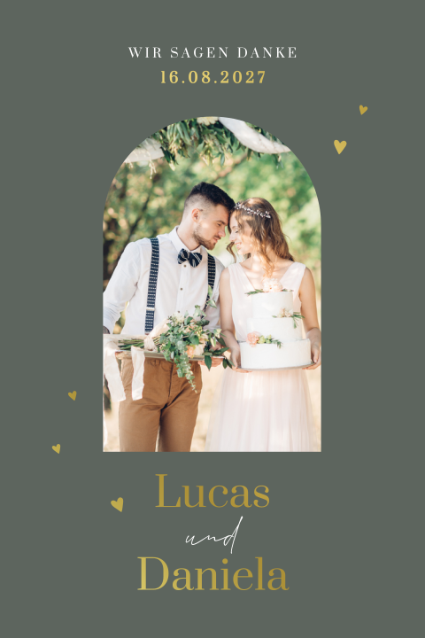 Danksagungskarte Hochzeit dunkelgrün mit goldenen Herzchen