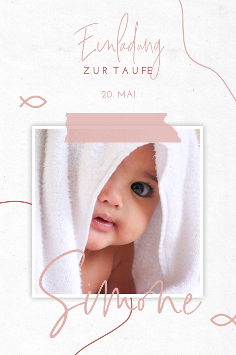 Wunderschöne Einladung zur Taufe mit rosa Schreibschrift und Fischen
