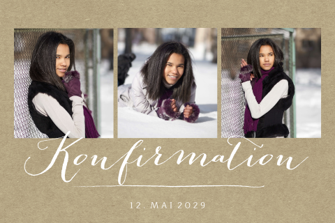 Einladung Konfirmation Kraftlook mit drei Fotos und zierlicher schrift