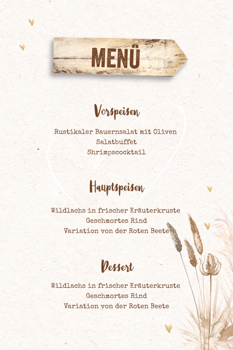 Menükarte mit Gras, Herzen und Wegweiser