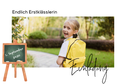 Einladung zur Einschulung mit Schultafel, Schule und großem Foto