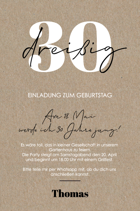 Kraftpapier-Einladung zum 30. Geburtstag
