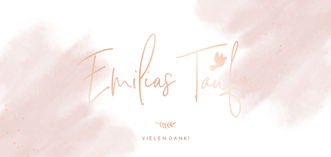 Dankeskarte Taufe mit rosa Flecken und Rosegoldfolie, Fotos und Taube