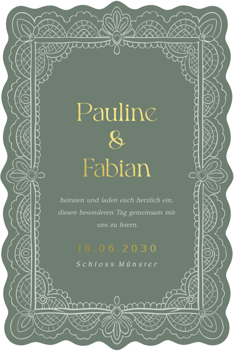 Hochzeitskarte in Altgrün mit gewelltem Rand und Spitzendetails
