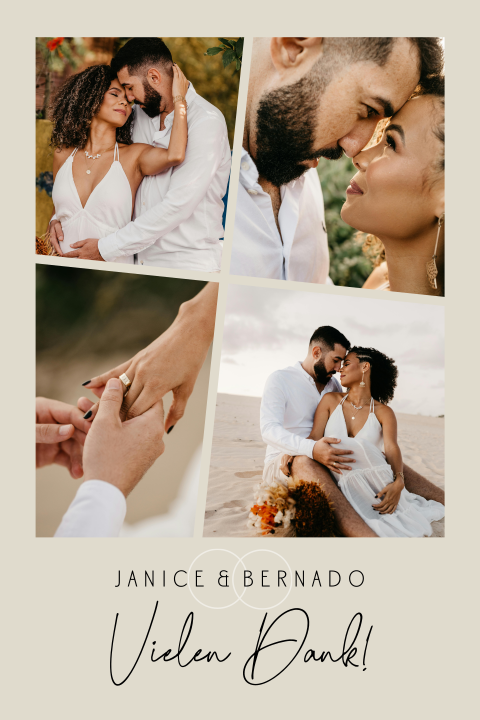Fotocollagen-Dankeskarte zur Hochzeit auf beigen Hintergrund