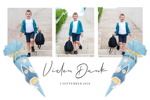 Dankeskarte zur Einschulung mit drei Fotos und Schultüte mit Rakete