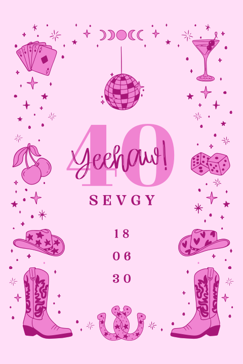 Verspielte Geburtstagseinladung 40 Jahre in Pink im Cowboy-Motto