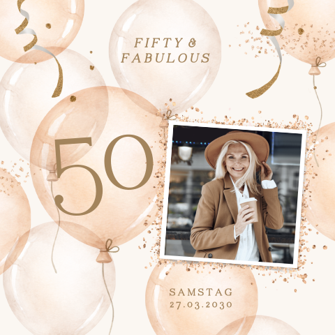 Festliche Einladung zum 50. Geburtstag in Beige mit Foto und Luftballons
