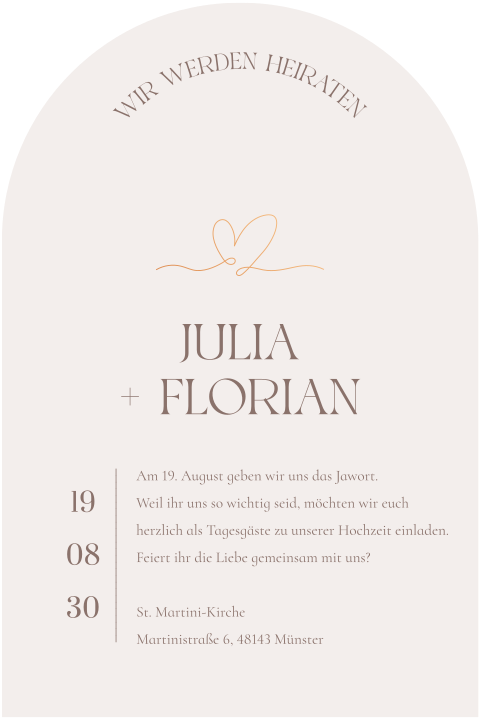 Stilvolle Beige Hochzeitskarte in Bogenform mit Kupferfolie