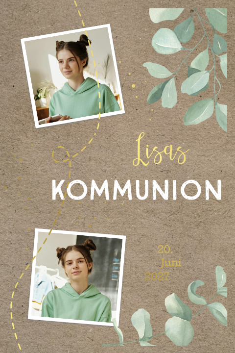 Einladung zur Kommunion im Kraft-Look mit Goldfolie und Fotos