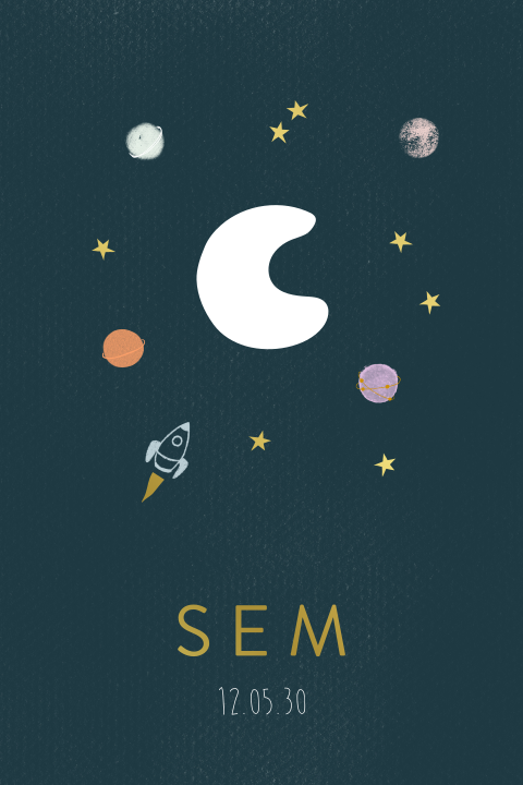 Geburtskarte gestanzt mit Foto, Rakete, Mond und Planeten