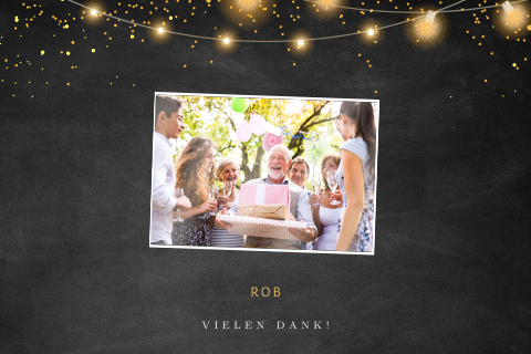 Danksagung zum Geburtstag mit Fotos in Hochglanz und Lichterkette