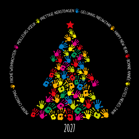 Bunte Weihnachtskarte in vielen Sprachen mit Handabdrücken