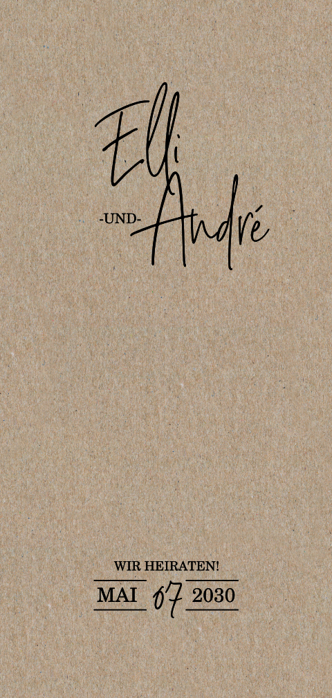 Längliche Kraftpapier-Hochzeitseinladung mit schönen Schriftzügen