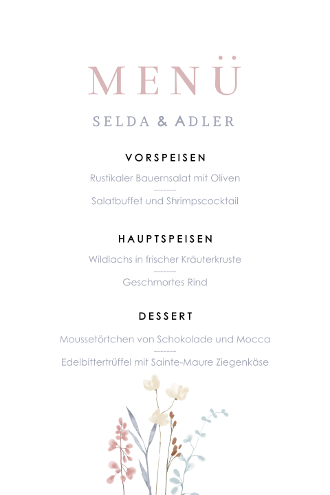 Menükarte mit getrockneten Blumen