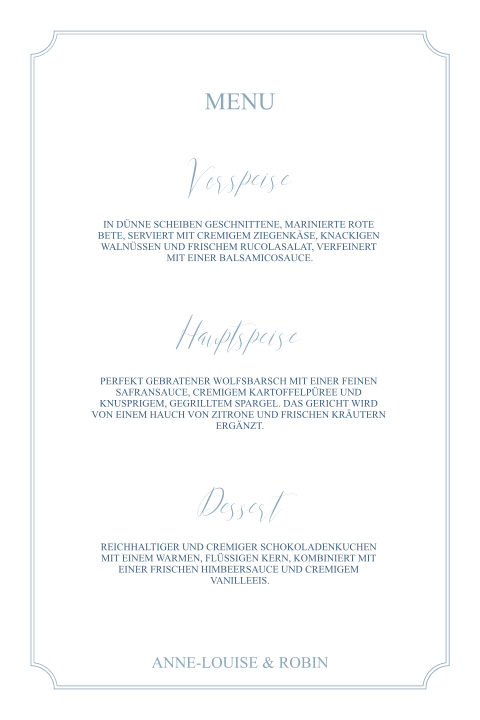 Klassische Menukarte mit blauem Toile-de-Jouy und elegantem Rahmen