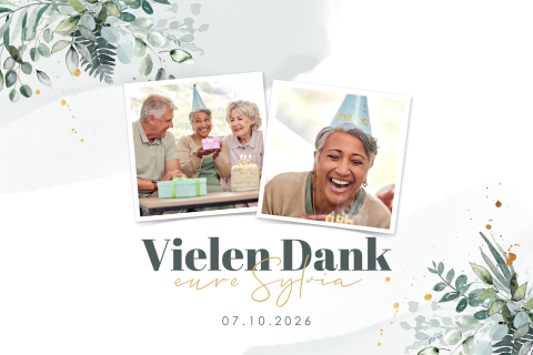 Stilvolle Danksagungskarte zum Geburtstag mit Zweigen und Fotos