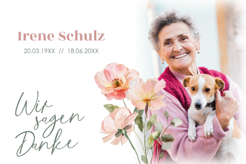 Trauer Danksagung mit Foto, Kreuz und Blumen