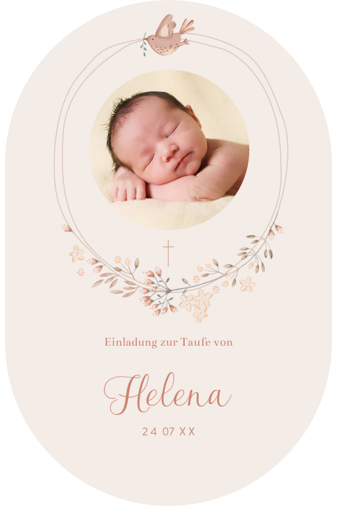Eine schöne ovale Taufkarte mit einem Foto Ihres Babys und Blumen