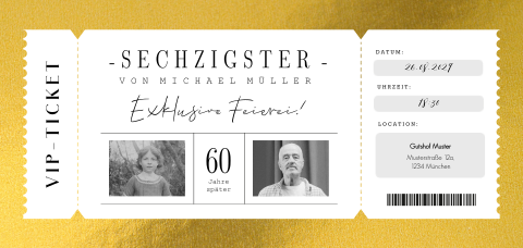 Einladung zum 60. Geburtstag im goldener Ticketstil