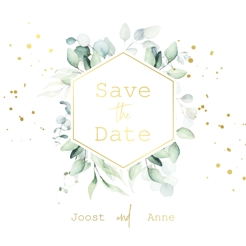 Save the date Karte mit Goldfolie, Hexagon und Zweigen