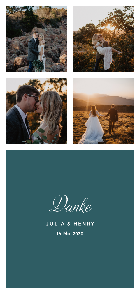 Dankeskarte Hochzeit mit graublauen Farbflächen und Fotos