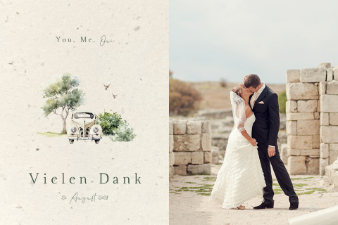 Romantische Dankeskarte Hochzeit mit klassischem Auto, Baum und Tauben