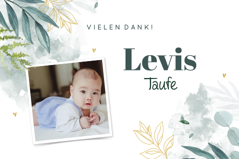 Hübsche Dankeskarte zur Taufe mit Zweigen und Foto