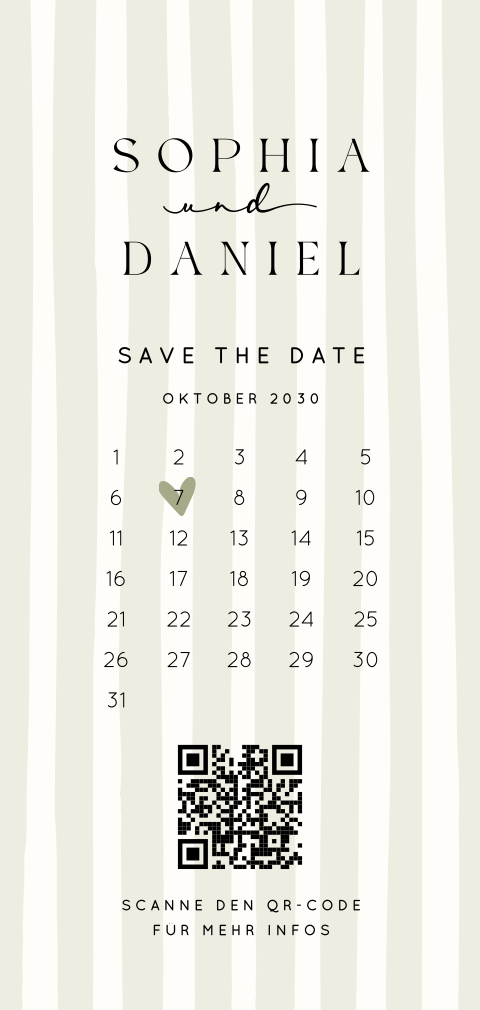 Save the Date Karte in zartem Grün mit Streifenmuster und Kalender
