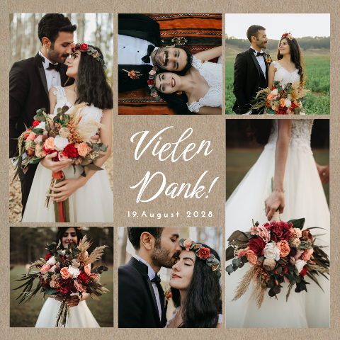 Echtes Kraftpapier Dankeskarte Hochzeit mit Fotos