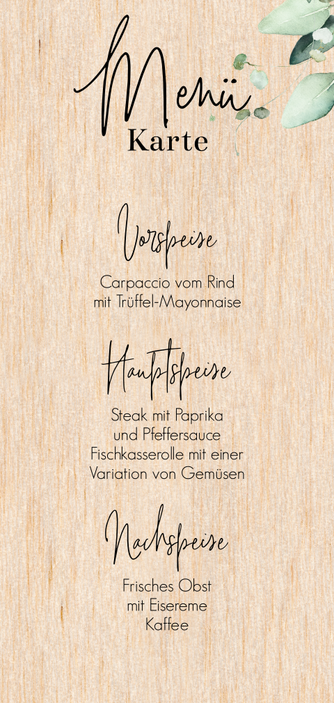 Längliche Menükarte im Holzlook mit Zweigen