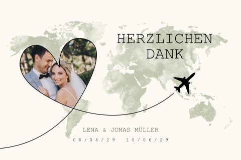 Dankeskarte Hochzeit mit grüner Weltkarte und Foto als Herz 