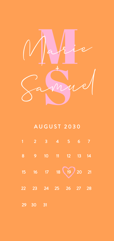 Bunte Hochzeitskarte mit Kalenderblatt und Initialen