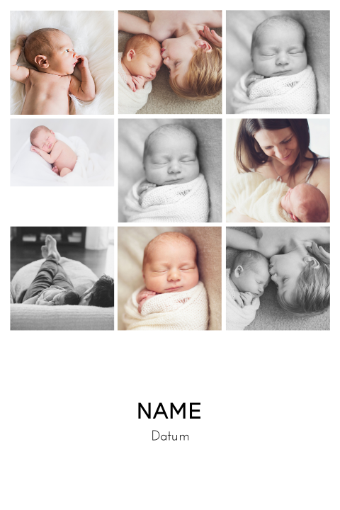 Stilvolle weiße Babykarte mit schöner Fotocollage