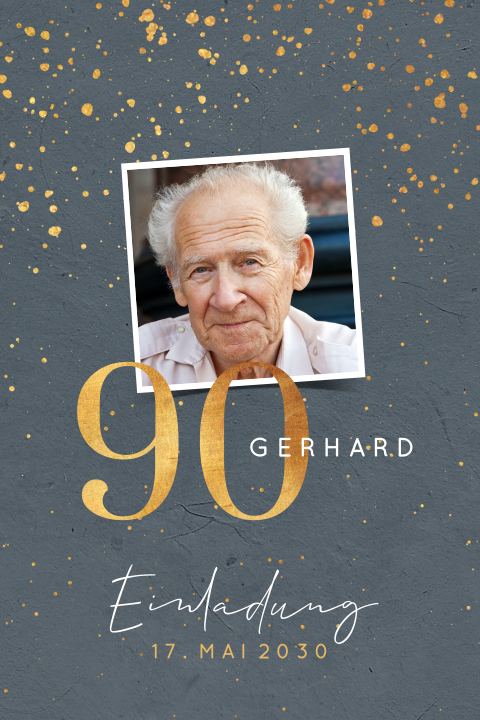 Hippe Geburtstagseinladung zum 90 mit Foto und Goldspritzern