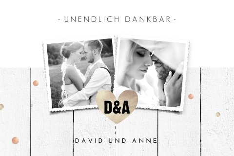 Danksagungskarte mit Fotos, Holzlook und Punkten