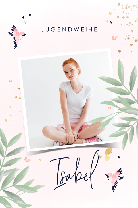 Fröhliche Einladungskarte zur Jugendweihe in rosa mit Foto und Vögeln