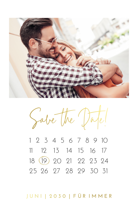 Moderne Save the Date Karte mit Kalenderblatt und Foto