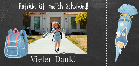 Dankeskarte zur Einschulung mit Schultüte und Foto