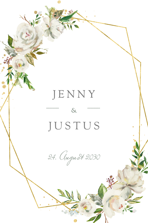 Schöne Hochzeitseinladung mit goldgelben Rahmen und Blumen