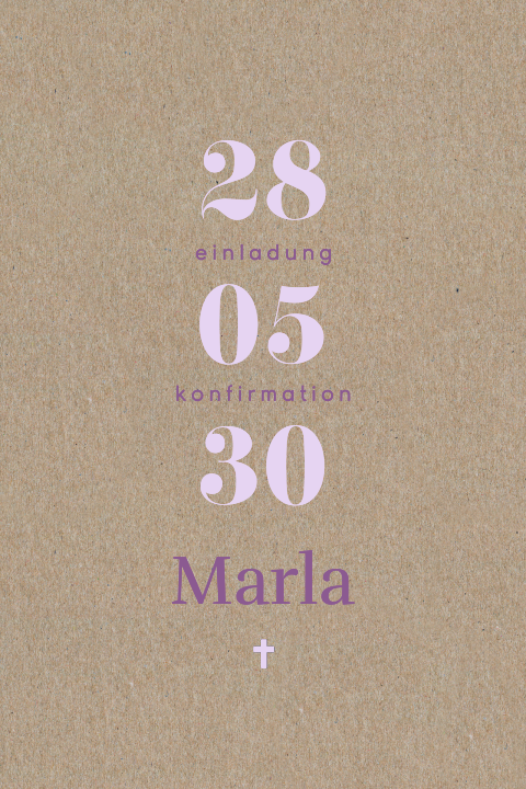Kraftpapier Einladung zur Konfirmation mit lila Datum