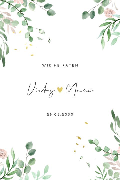 Blumige Hochzeitskarte mit grünen Zweigen und rosa Blumen