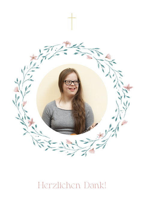Dankeskarte zur Firmung mit Aquarellblumen und Foto