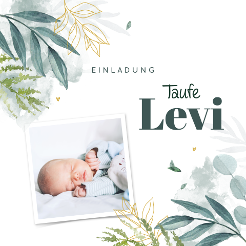 Hübsche Einladung zur Taufe mit Zweigen und Foto