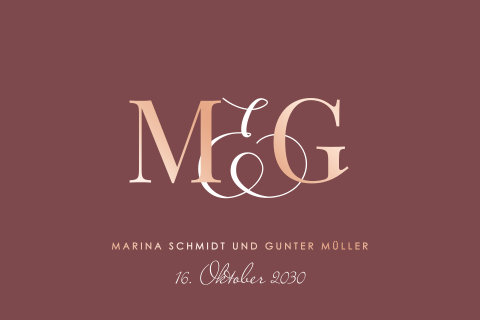 Hochzeitskarte mit vergoldeten Initialen und Tagesablauf