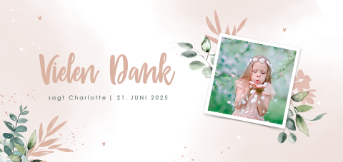 Dankeskarte Konfirmation mit Zweigen und Foto auf der Vorderseite